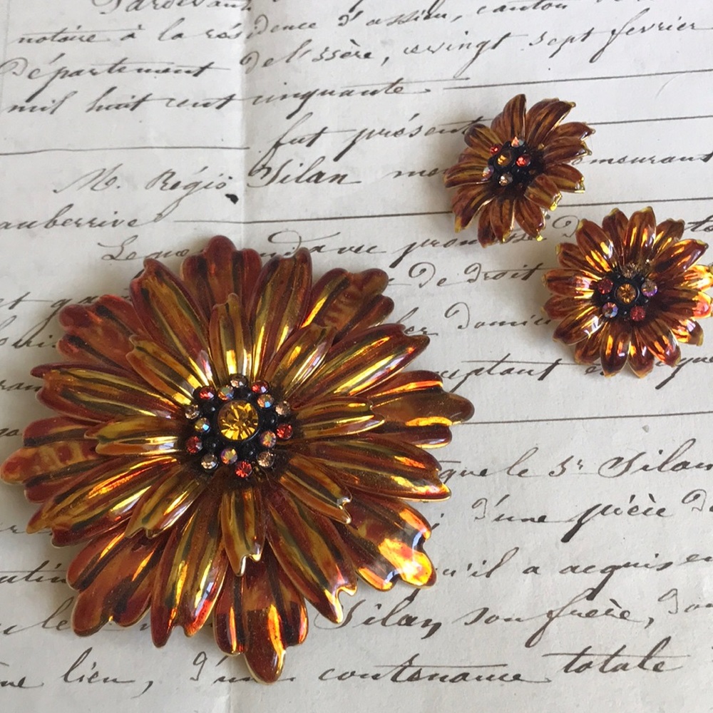 Joan Rivers Chrysanthemum Brooch Set w/ Earrings